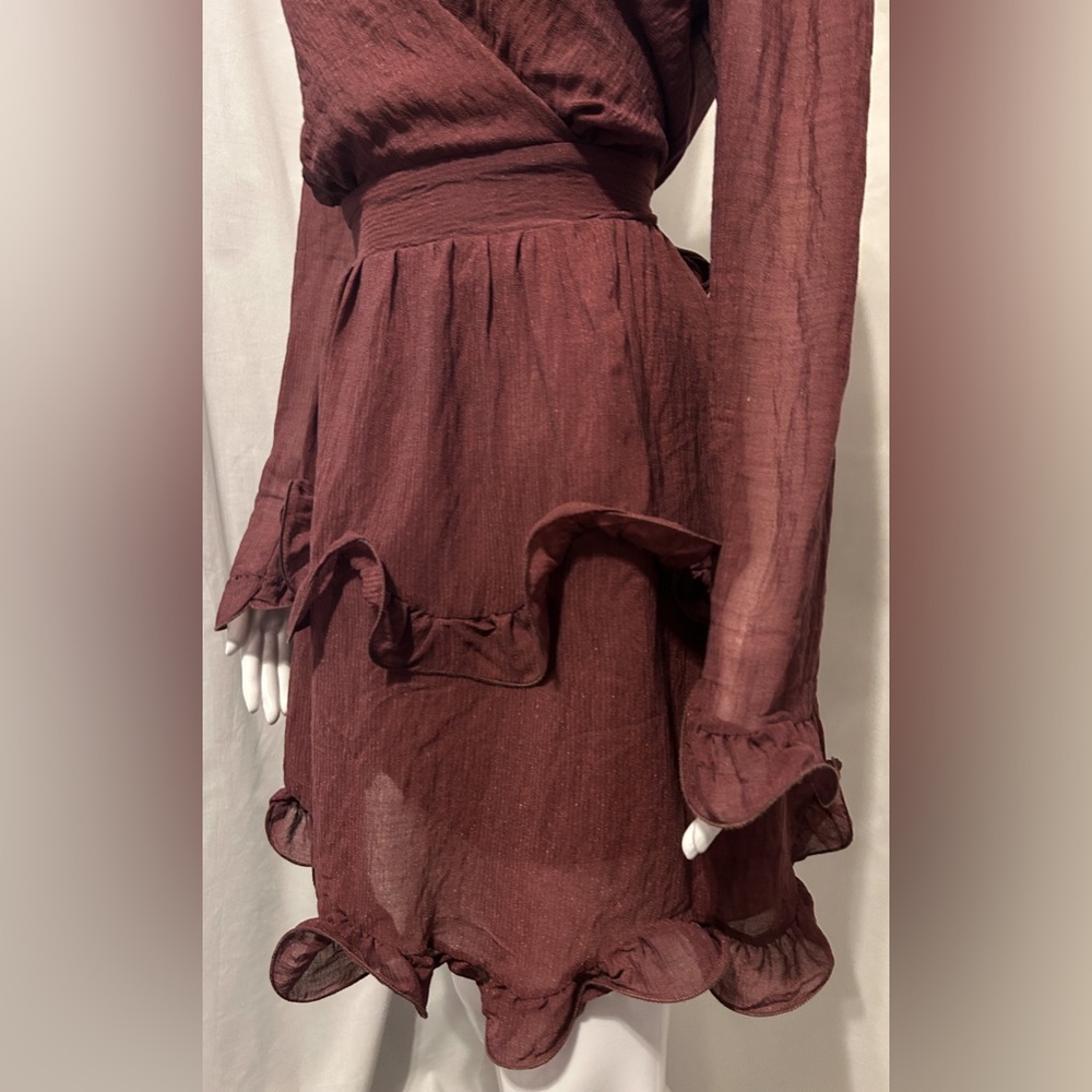 NWT Saints + Secrets Sz L Wine Sheer Ruffle Dress Cottagecore Whimsigoth Boho - Picture 3 of 8